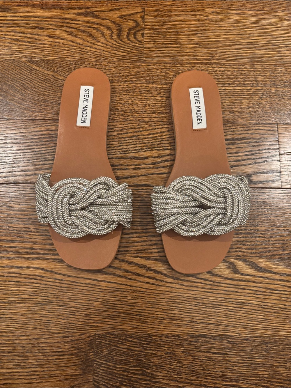Steve Madden Tan Slide Sandals with Silver Beaded Knot